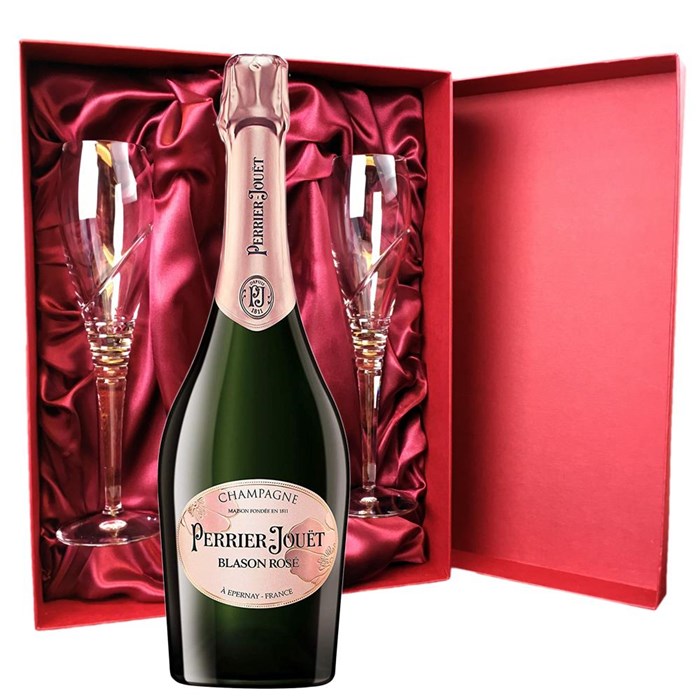 View Perrier Jouet Blason Rose Champagne 75cl And Royal Scot Glasses Burgundy Gift Box Set