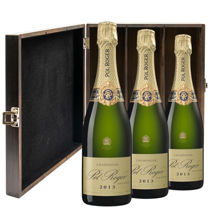 View Pol Roger Blanc de Blancs 2015 Vintage Three Bottle Luxury Elm Wood Gift Box