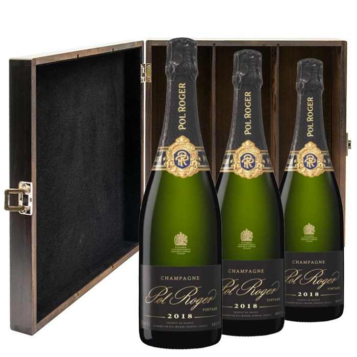 View Pol Roger Brut 2018 Vintage Champagne 75cl Three Bottle Luxury Elm Wood Gift Box