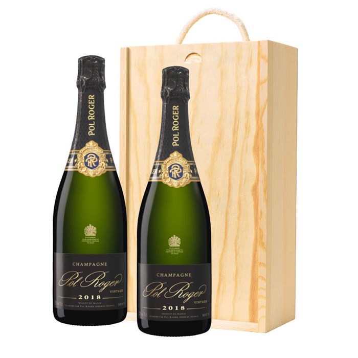 View Pol Roger Brut 2018 Vintage Champagne 75cl Twin Pine Wooden Gift Box (2x75cl)