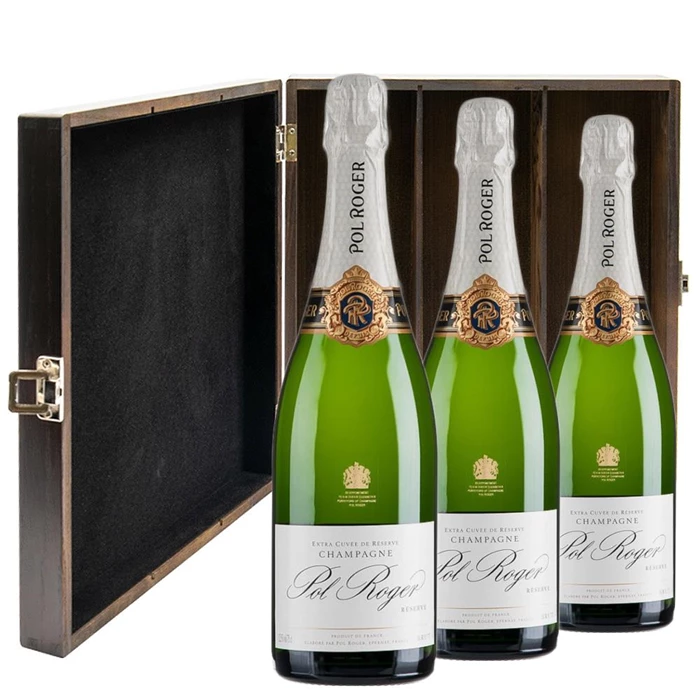 View Pol Roger Brut Reserve Champagne 75cl Three Bottle Luxury Elm Wood Gift Box