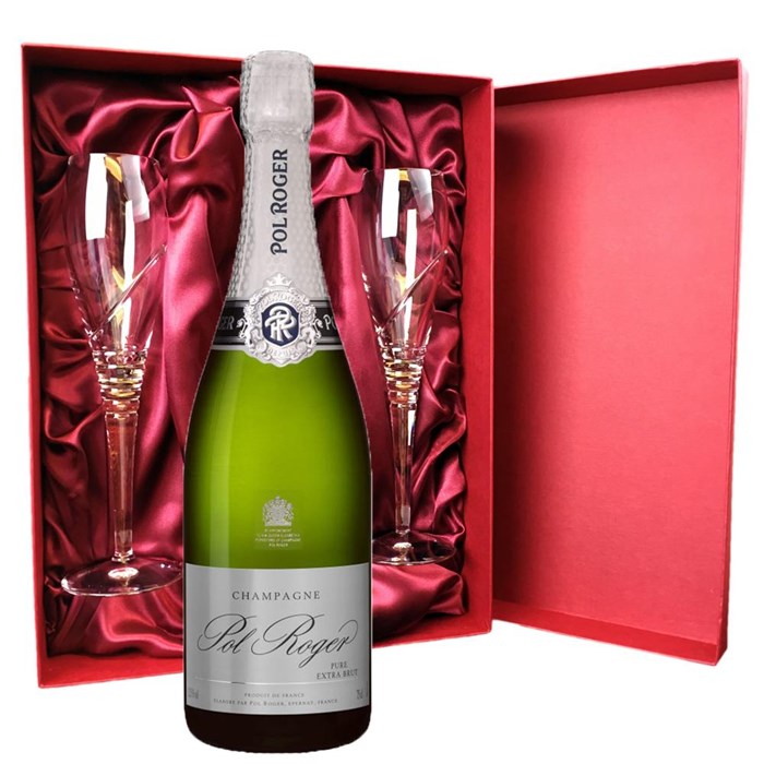 View Pol Roger Pure Extra Brut Champagne 75cl And Royal Scot Glasses Burgundy Gift Box Set