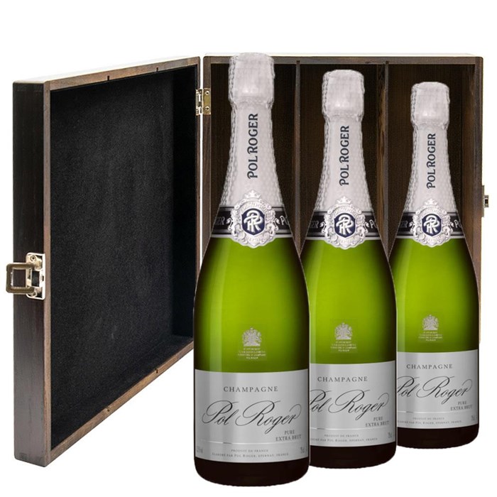 View Pol Roger Pure Extra Brut Champagne 75cl Three Bottle Luxury Elm Wood Gift Box