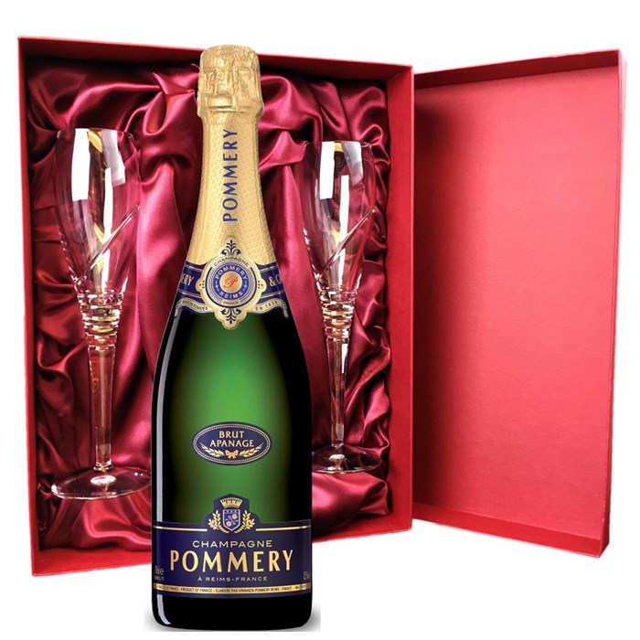 View Pommery Brut Apanage Champagne 75cl And Royal Scot Glasses Burgundy Gift Box Set
