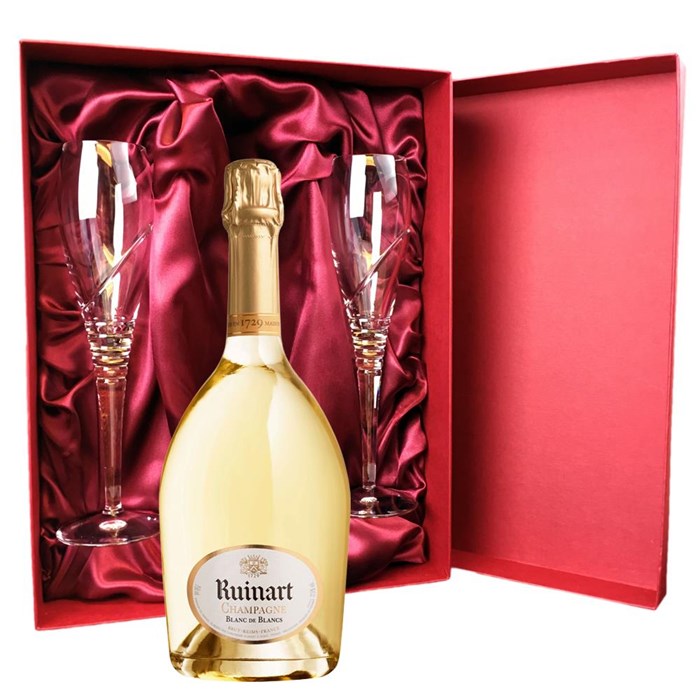 View Ruinart Blanc de Blanc Champagne 75cl And Royal Scot Glasses Burgundy Gift Box Set