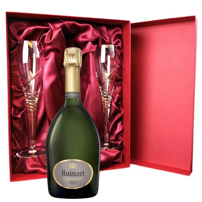 View Ruinart Brut Chamapagne 75cl And Royal Scot Glasses Burgundy Gift Box Set
