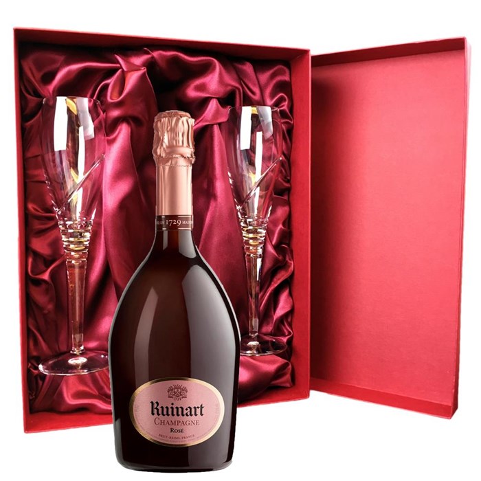 View Ruinart Rose Champagne 75cl And Royal Scot Glasses Burgundy Gift Box Set