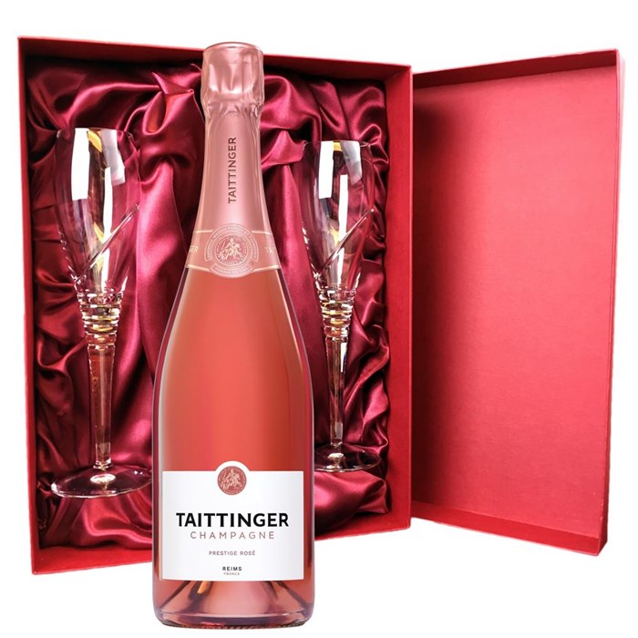 View Taittinger Brut Prestige Rose NV Champagne 75cl And Royal Scot Glasses Burgundy Gift Box Set