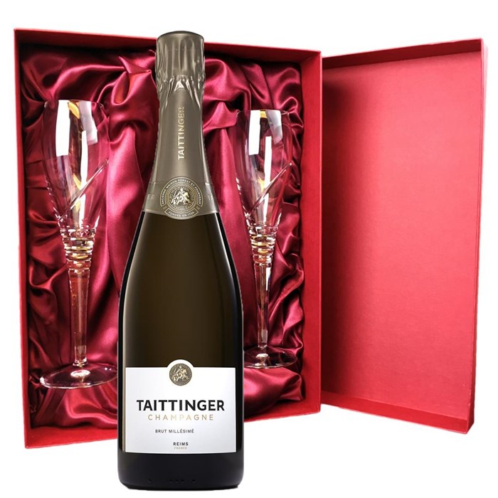 View Taittinger Brut Vintage Champagne 2016 75cl And Royal Scot Glasses Burgundy Gift Box Set