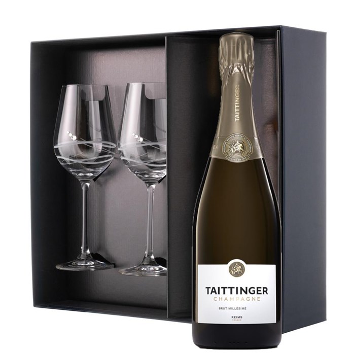 View Taittinger Brut Vintage Champagne 2016 75cl And Venezia Glasses Gift Box Set