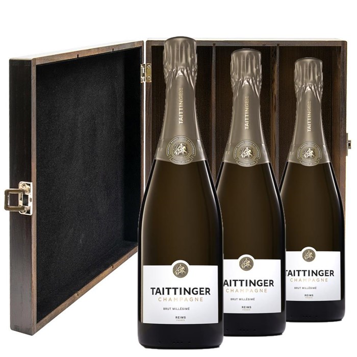 View Taittinger Brut Vintage Champagne 2016 75cl Three Bottle Luxury Elm Wood Gift Box