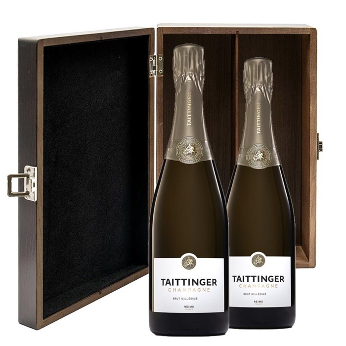 View Taittinger Brut Vintage Champagne 2016 75cl Twin Luxury Elm Wood Gift Box (2x75cl)