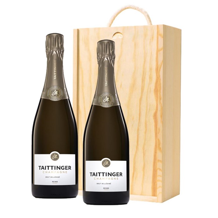 View Taittinger Brut Vintage Champagne 2016 75cl Twin Pine Wooden Gift Box (2x75cl)
