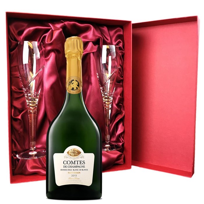 View Taittinger Comtes de Grand Crus Champagne 2013 75cl And Royal Scot Glasses Burgundy Gift Box Set