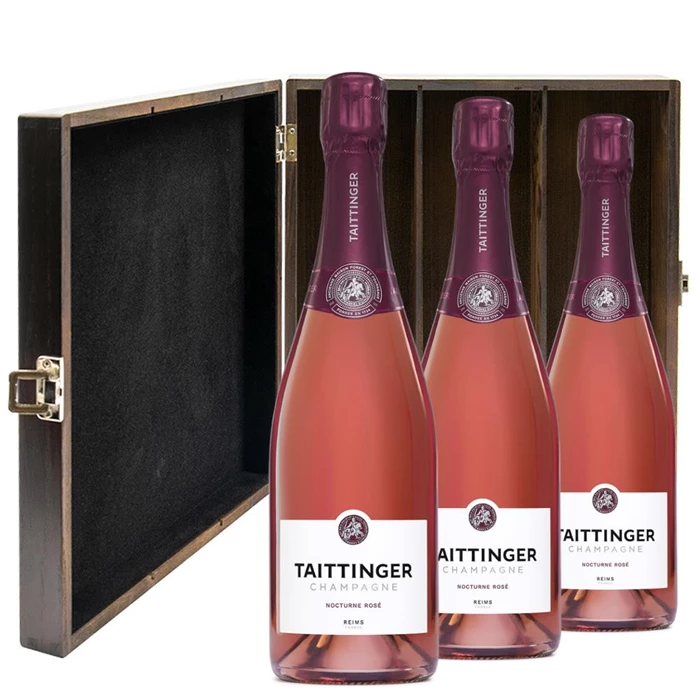 View Taittinger Nocturne Rose Sec Champagne 75cl Three Bottle Luxury Elm Wood Gift Box