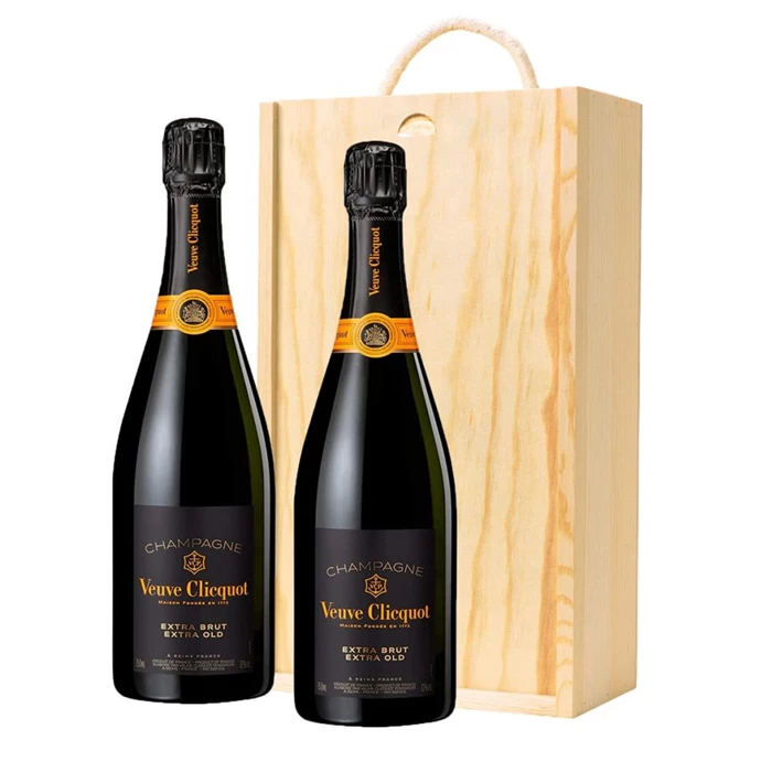View Veuve Clicquot Extra Brut Extra Old Champagne 75cl Twin Pine Wooden Gift Box (2x75cl)
