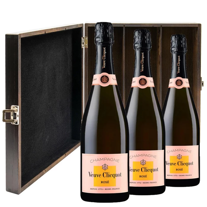 View Veuve Clicquot Rose Champagne 75cl Three Bottle Luxury Elm Wood Gift Box