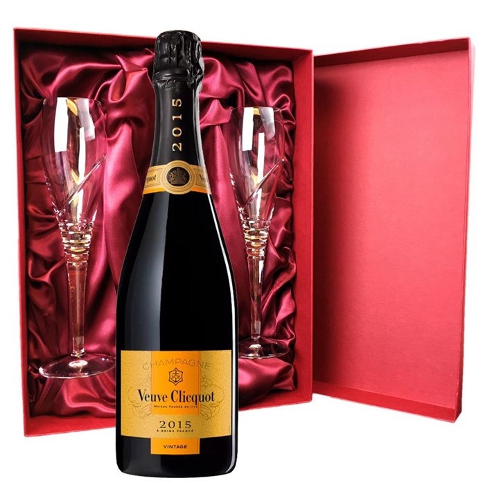 View Veuve Clicquot Vintage 2015 Champagne 75cl And Royal Scot Glasses Burgundy Gift Box Set