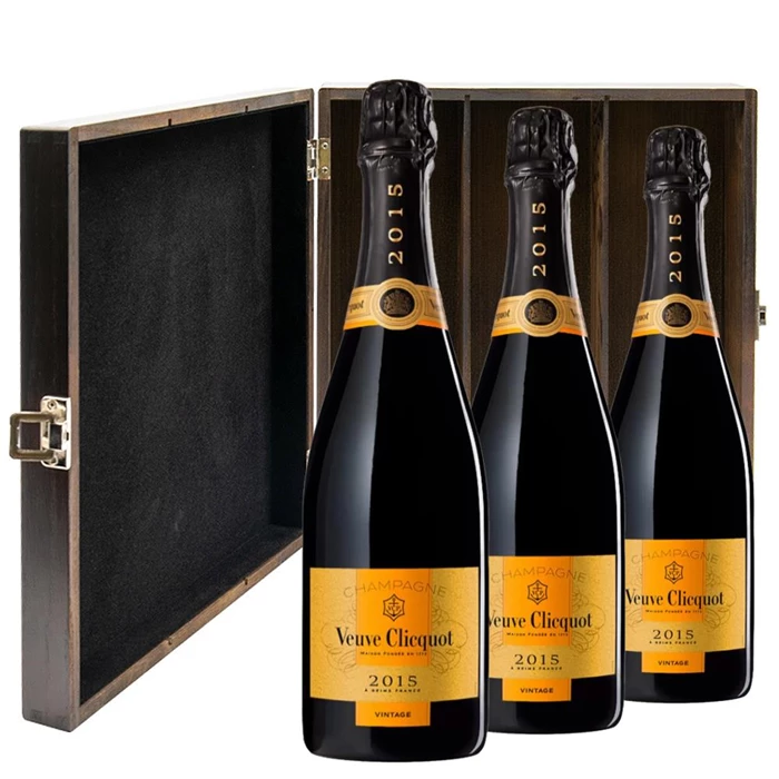 View Veuve Clicquot Vintage 2015 Champagne 75cl Three Bottle Luxury Elm Wood Gift Box