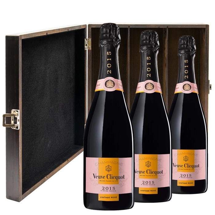 View Veuve Clicquot Vintage Rose 2015 75cl Three Bottle Luxury Elm Wood Gift Box