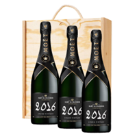 Buy & Send 3 x Moet And Chandon Grand Vintage 2016 Extra Brut Champagne 75cl In A Pine Wooden Gift Box