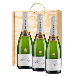Buy & Send 3 x Pol Roger Brut Reserve Champagne 75cl In A Pine Wooden Gift Box