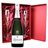 Buy & Send Lanson Le White Label Sec Champagne 75cl And Royal Scot Glasses Burgundy Gift Box Set